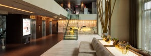hotel lounge with digital sign