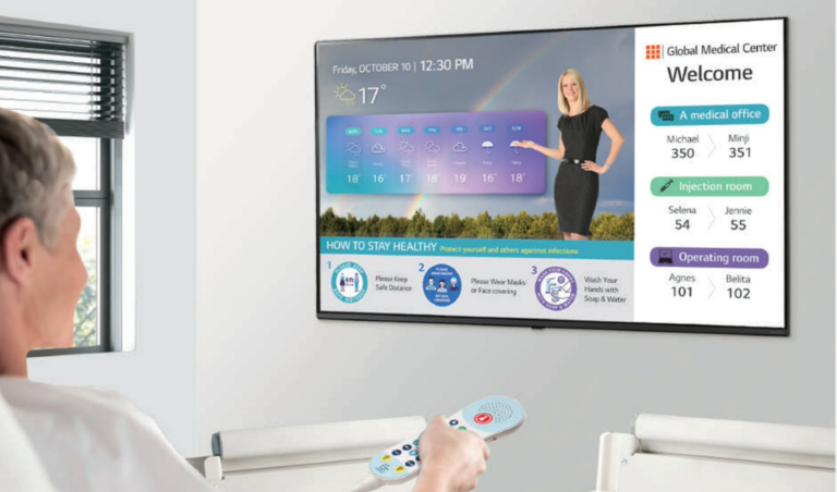 Image of a patient engaged with an LG hospital-grade smart TV connected to an IP network. The visual depicts a healthcare setting where patients benefit from advanced technology, enjoying personalized content and interactivity. The LG smart TV is seamlessly integrated into the IP network, providing a modern and connected healthcare experience for patients.
