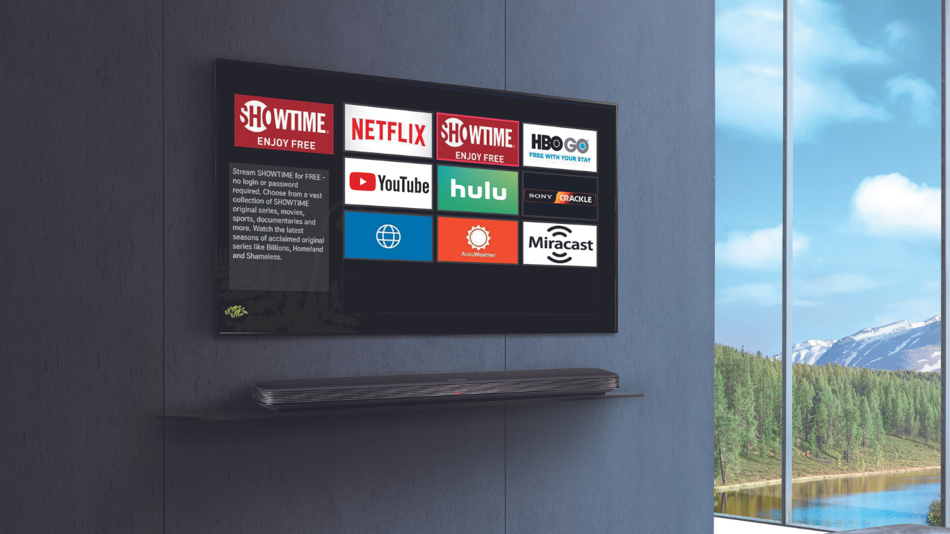 Image of a Commercial Smart TV displaying streaming TV apps through an IPTV system, showcasing the seamless and dynamic entertainment experience for hotels, hospitals, and businesses.
