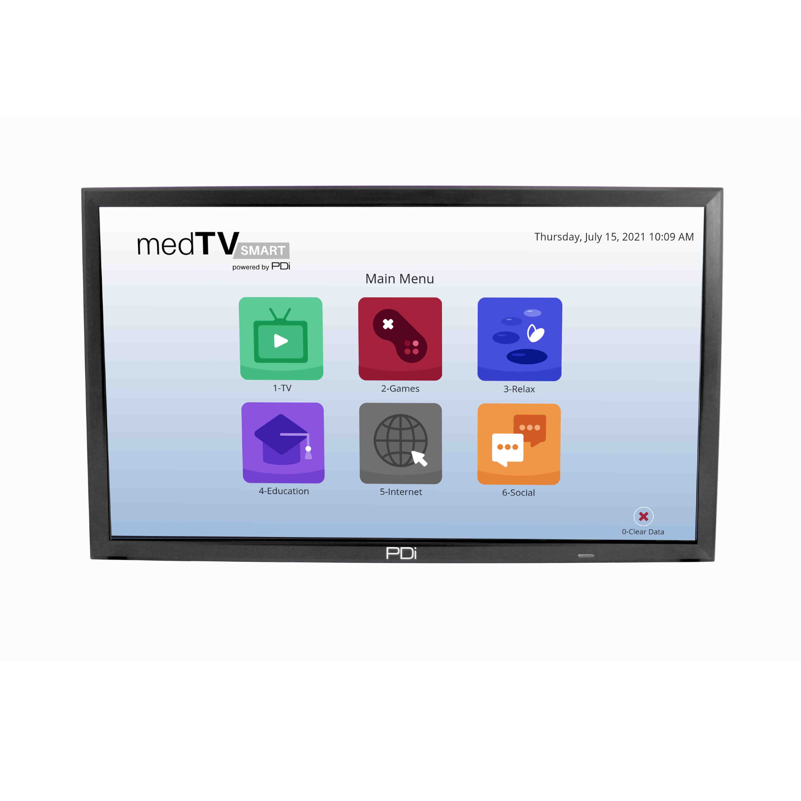 Close-up of a medTV Smart Healthcare Television, showcasing its sleek design and available sizes of 24”, 32”, 43”, and 55”. A cutting-edge solution for healthcare environments.