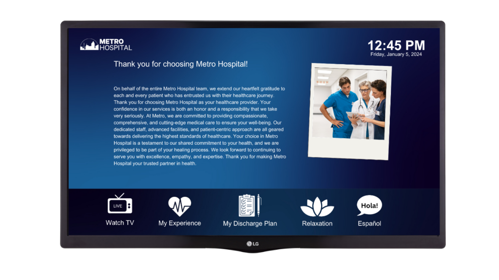 Front view of the LG 32'' LN572M Series Pro:Centric® Hospital TV showcasing a sleek design, vivid display, and integrated Pro:Centric® features for customized hospital content delivery.