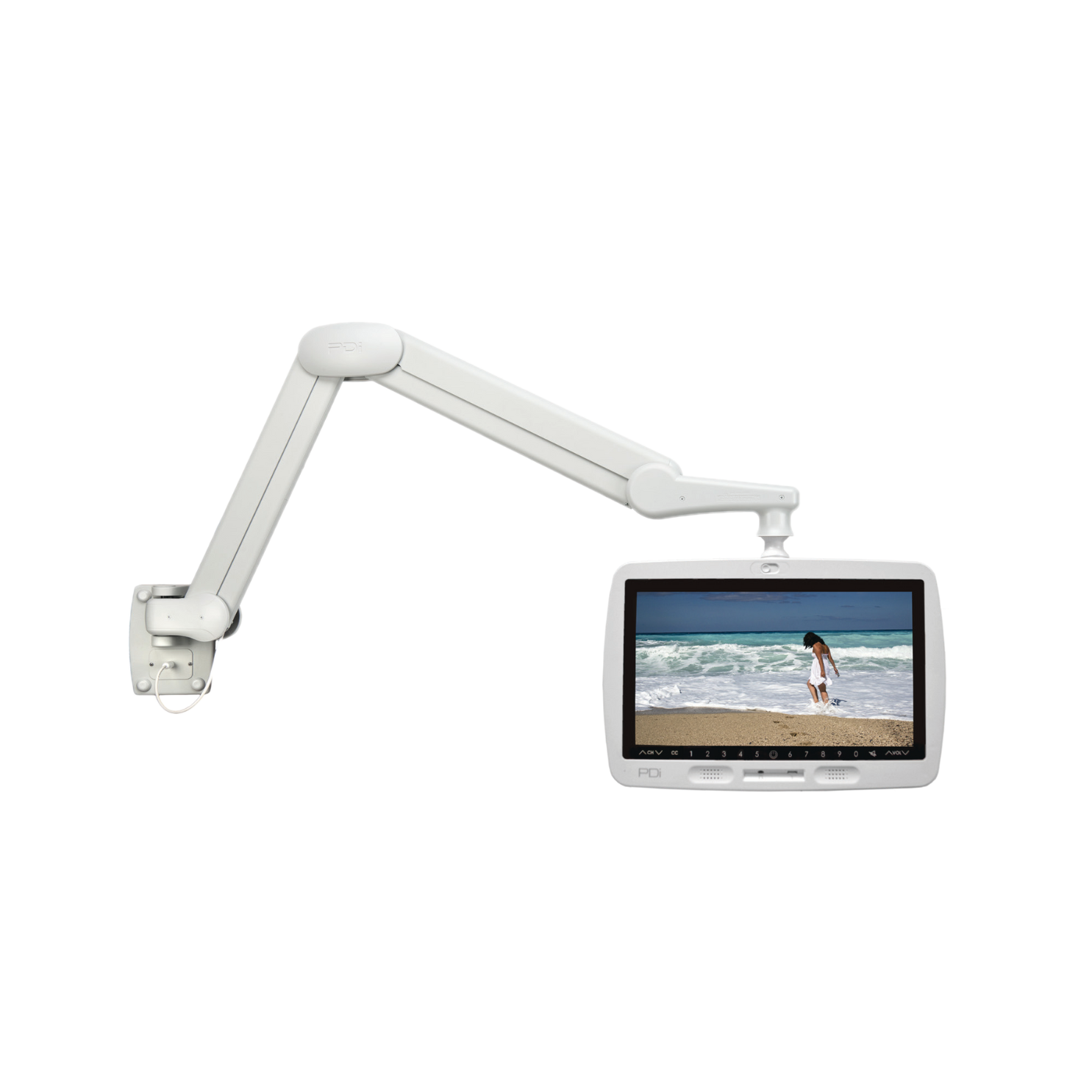 Cream PDi 1400 Series Support Arms designed for personal patient entertainment