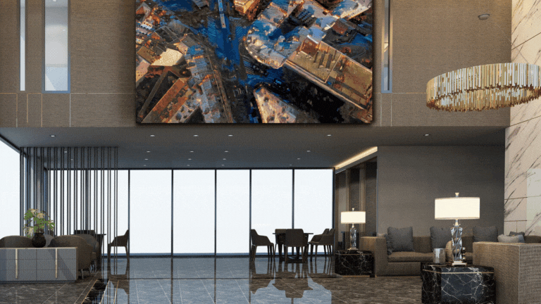 "Corporate digital art displayed in a modern commercial environment"