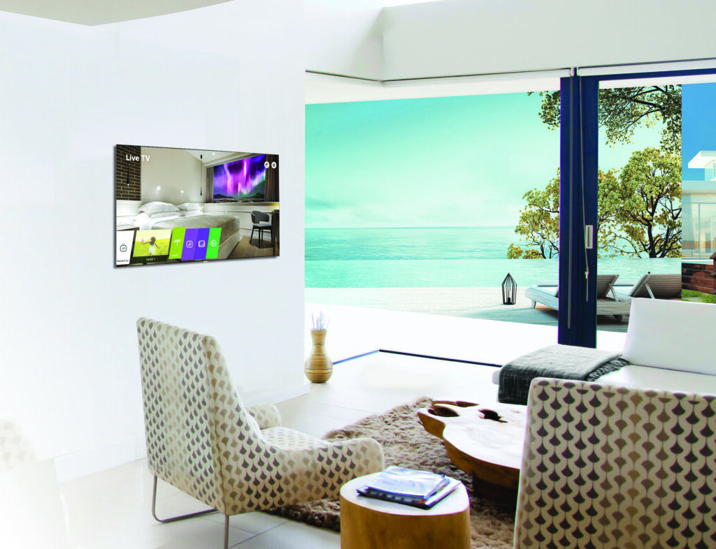 A sleek, modern LG television screen showcasing vibrant colors and crisp imagery, symbolizing the advanced technology and superior viewing experiences offered in hospitality settings.