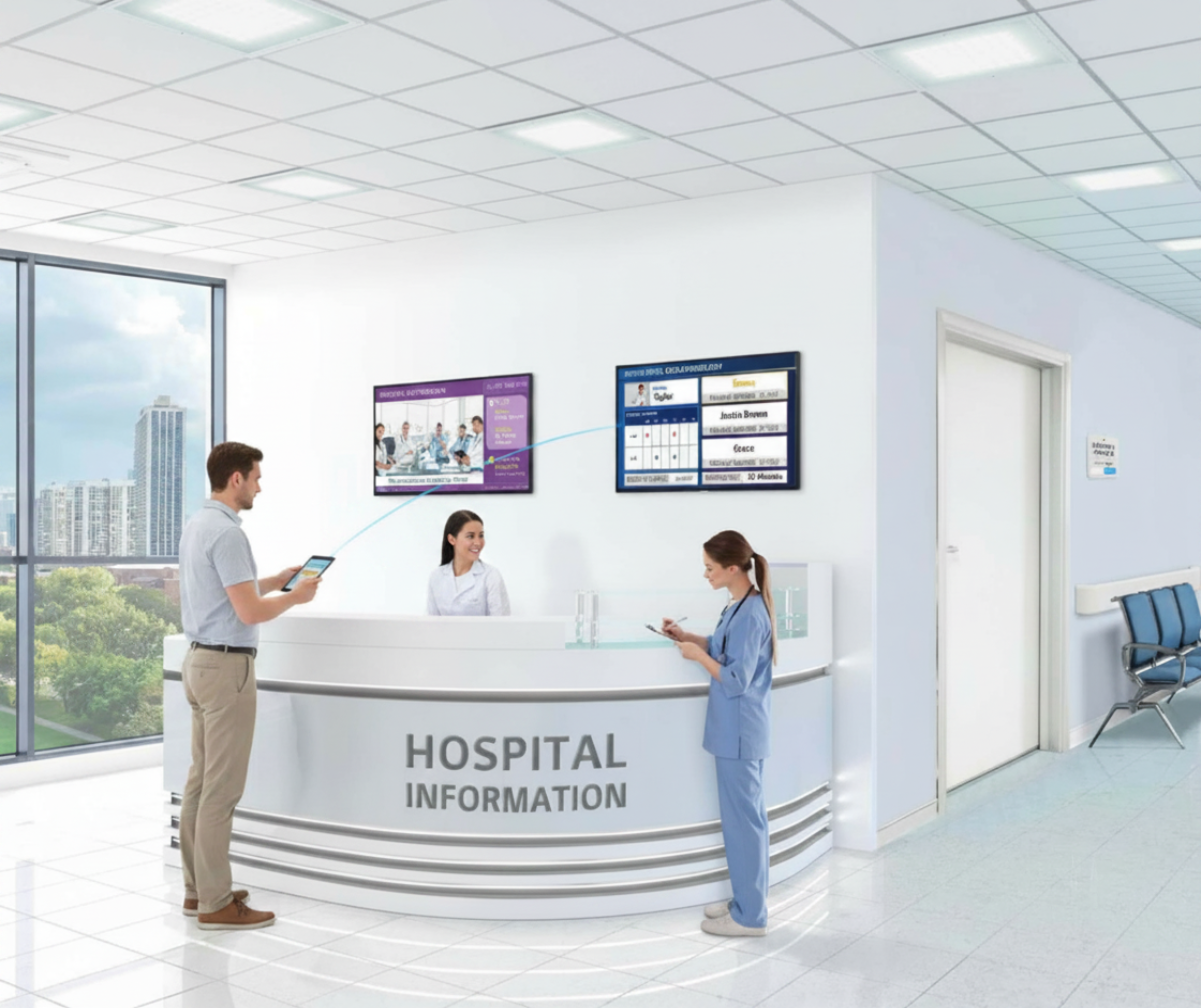 Engineer configuring hospital IPTV system equipment for healthcare TV distribution, patient room entertainment, and modern hospital AV infrastructure.