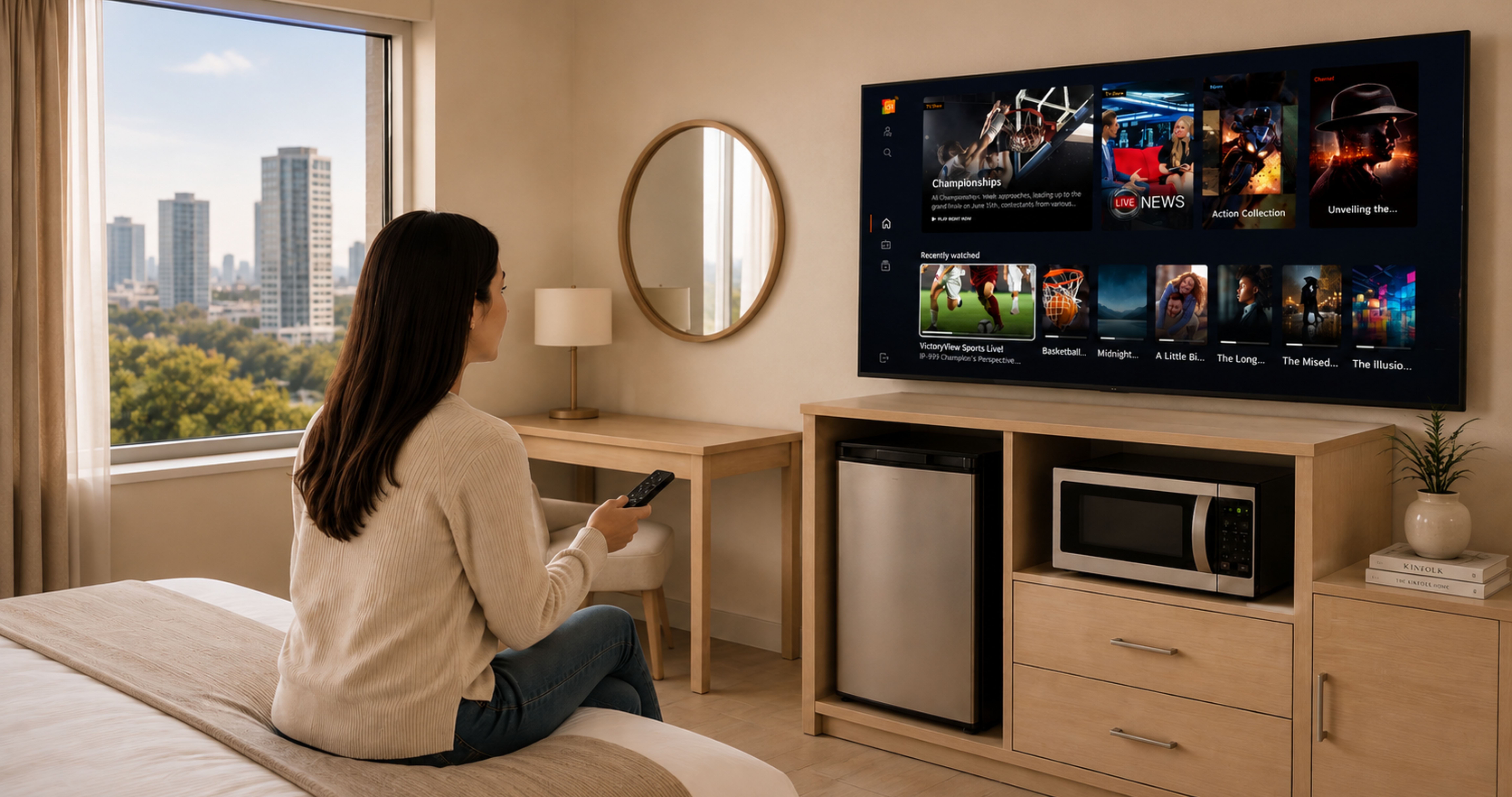 Hotel guest watching LG Channels on an LG hotel TV in a modern guest room with free live and streaming entertainment.