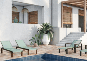 Commercial outdoor lounge furniture at resort pool deck