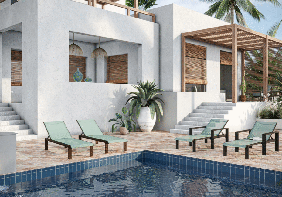 Commercial outdoor lounge furniture at resort pool deck