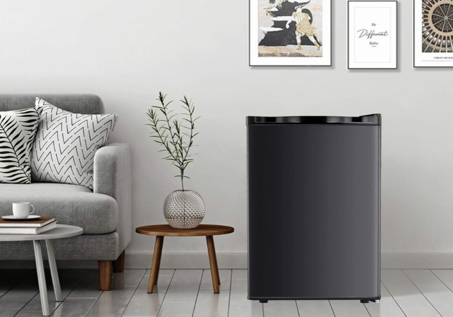 Commercial hotel appliances including refrigerator and microwave in guest room