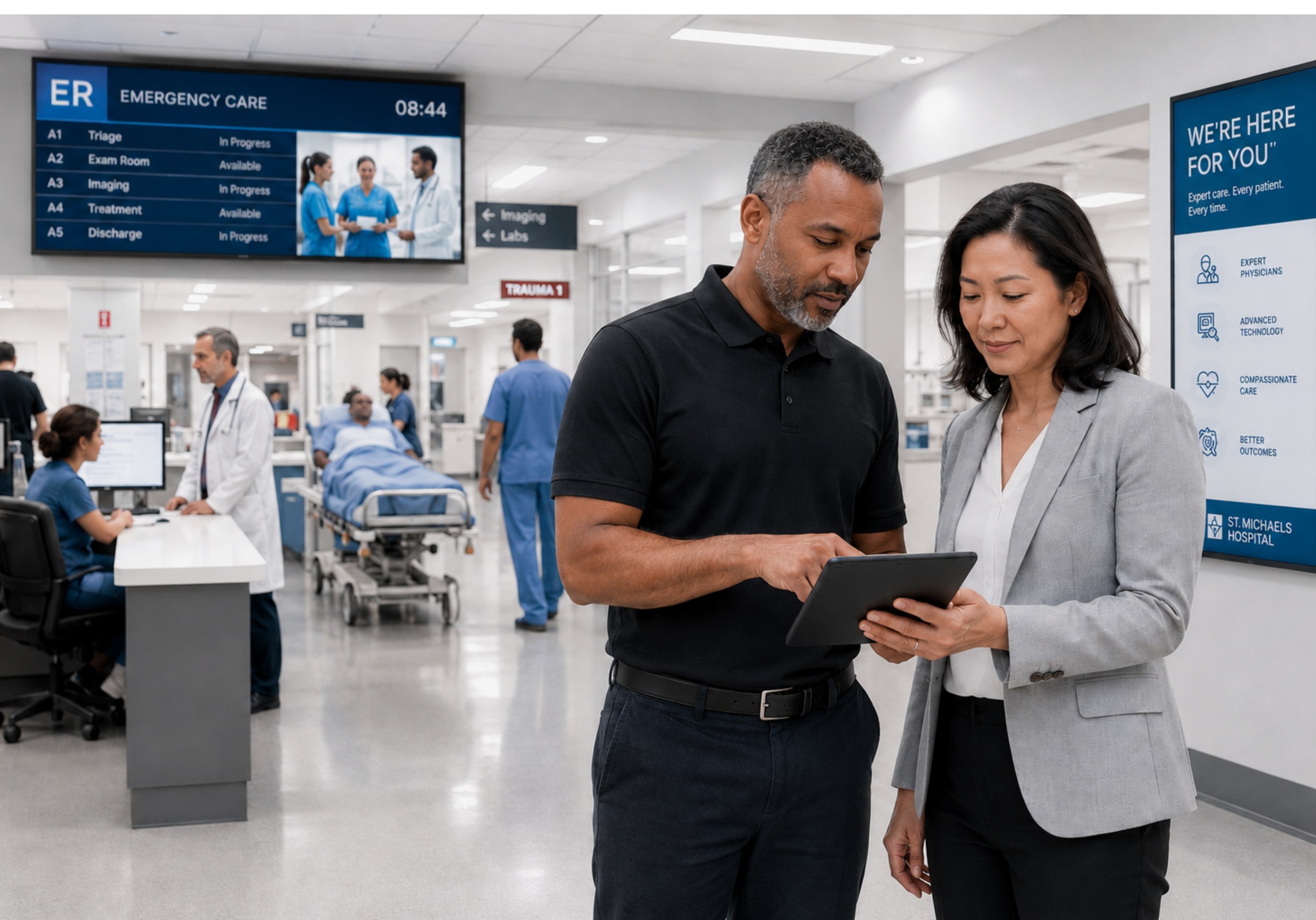 Healthcare AV consultant reviewing hospital technology infrastructure plans with project stakeholders