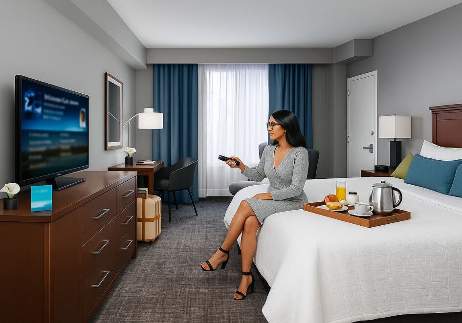directv for business hotel Hospitality TV management system in use at a resort, showing custom branded content on commercial-grade TVs