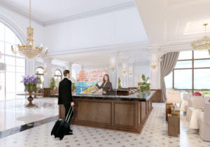 Beautiful wooden reception in the center of the spacious lobby in the classical style. 3d rendering