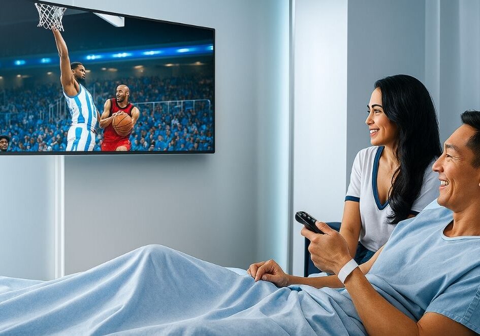 hospital tv system Hospital patient room with wall-mounted hospital-grade TV system connected to a with DIRECTV for Business streaming live sports