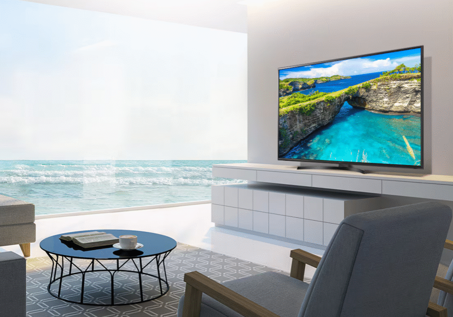 LG hospitality TV mounted in modern hotel guest room