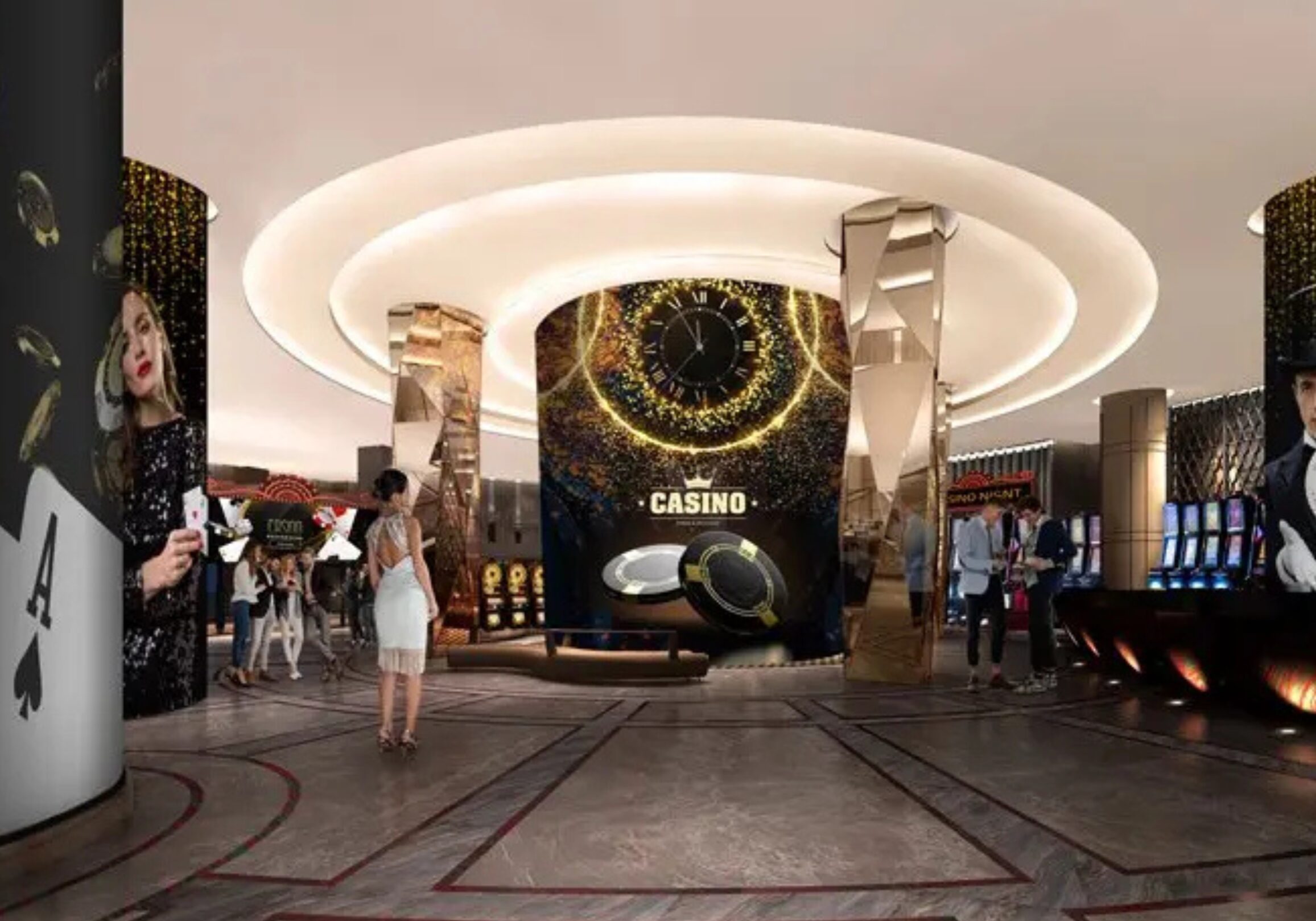 Casino digital signage MDM Commercial and LG digital signage and digital displays showcasing a large curved casino-themed screen with clock and poker chip graphics in a luxury gaming entrance.