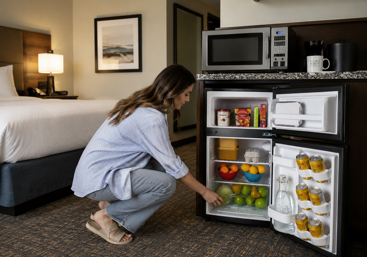 Hotel guest stocking drinks and snacks in a Danby® hotel mini fridge.