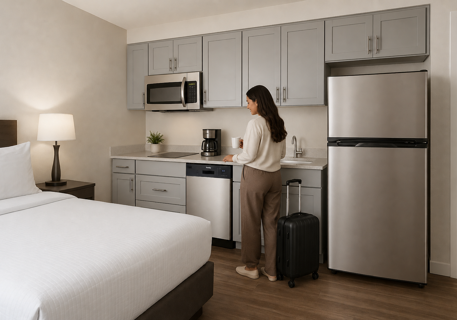 Hotel guest room lifestyle featuring Danby® commercial-grade refrigerator and microwave appliances.