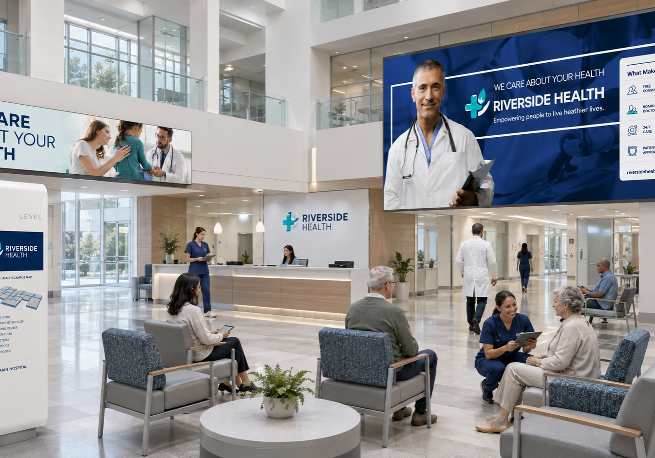 "LG video wall installation in hospital atrium displaying facility information and digital artwork"