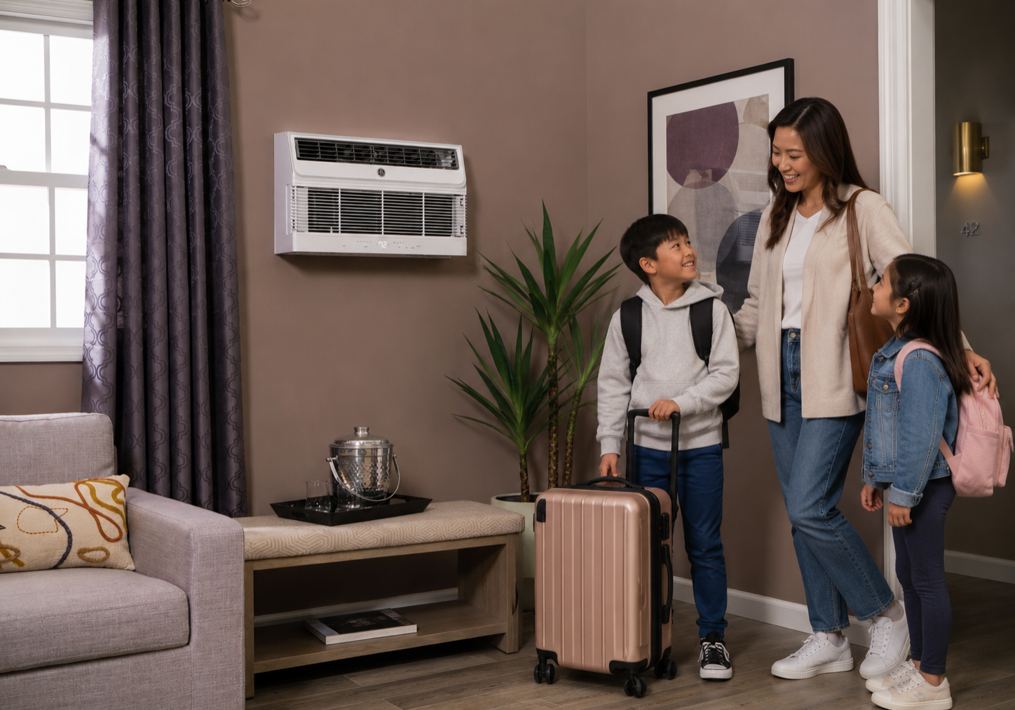 GE Zoneline® PTAC installed beneath a hotel guest room window for in-room heating and cooling.