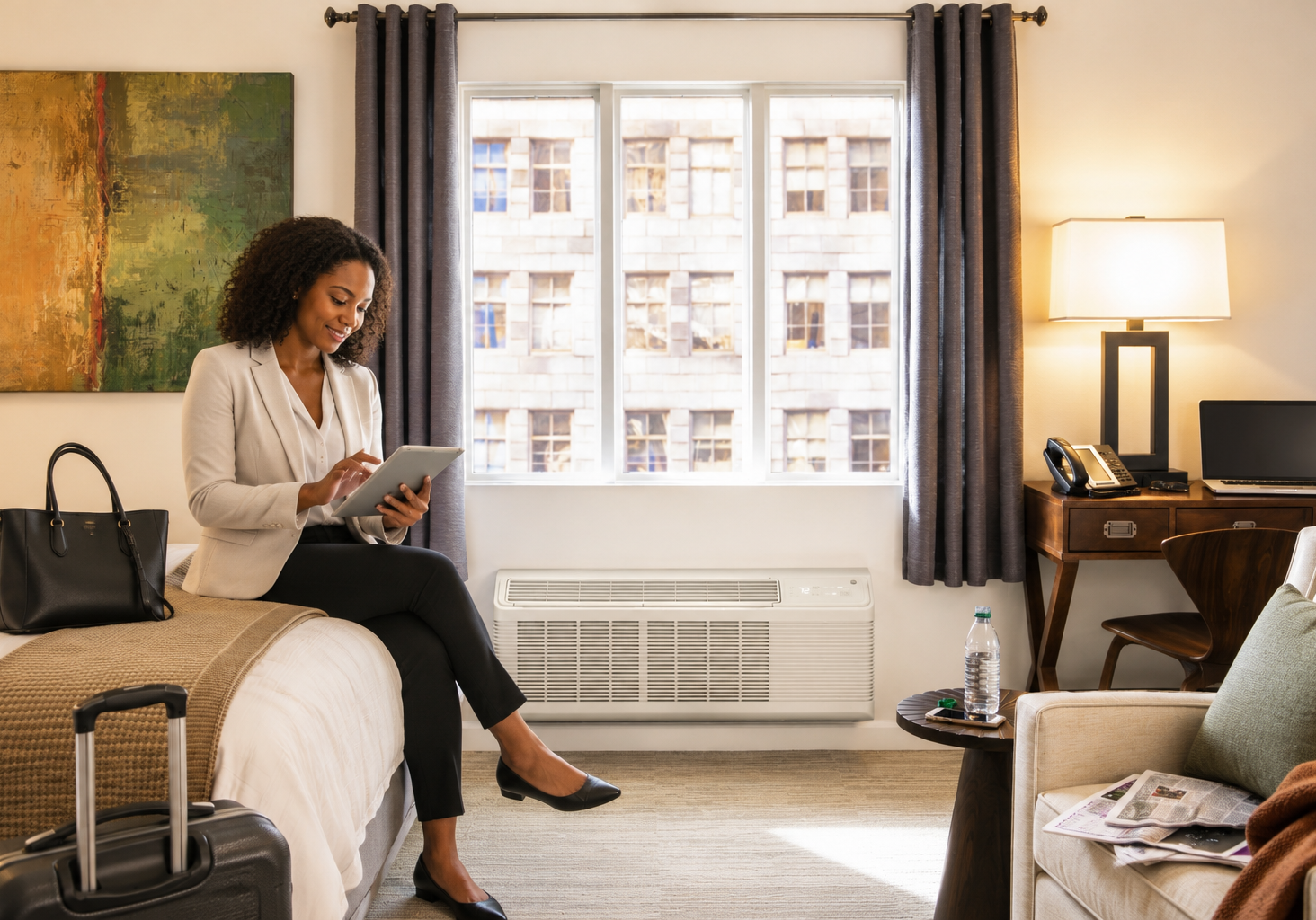 GE Zoneline® PTAC installed beneath a hotel guest room window for in-room heating and cooling.