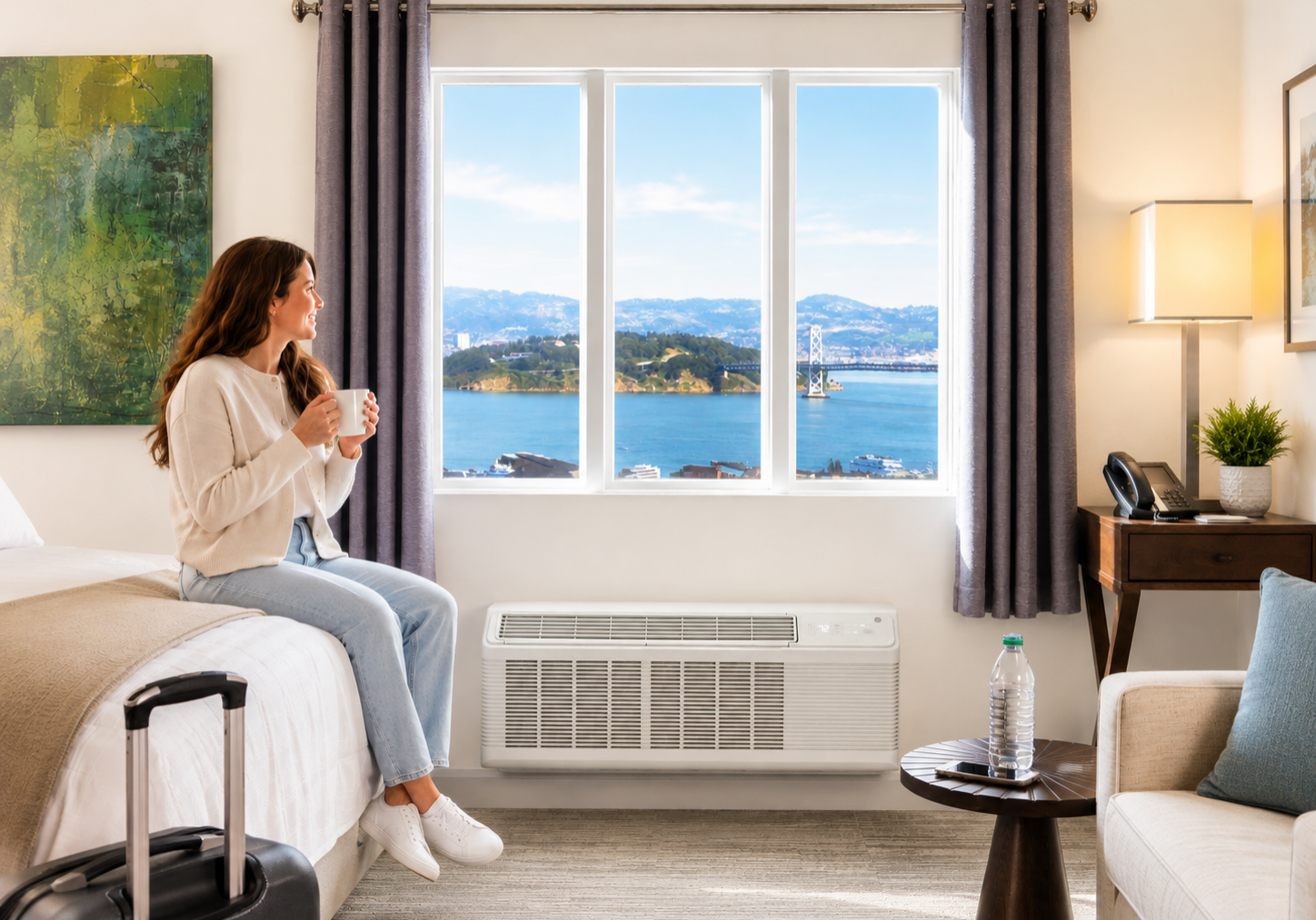 GE Zoneline® PTAC installed beneath a hotel guest room window for in-room heating and cooling.