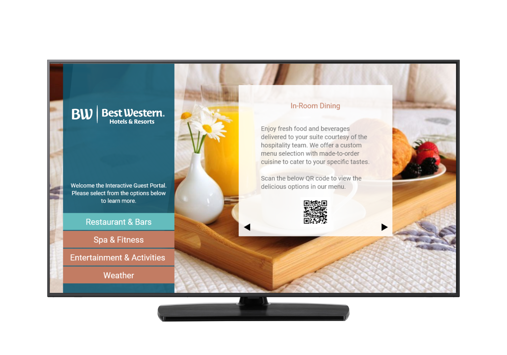 LG Pro:Centric hospitality TV interface displaying Best Western guest information and streaming options on LG hotel TV