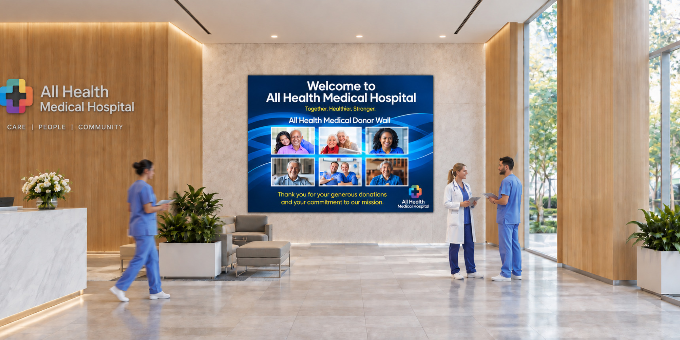 Modern hospital lobby featuring an All Health Medical Hospital digital donor wall with donor and healthcare staff photos, surrounded by doctors and nurses in a bright medical center reception area.