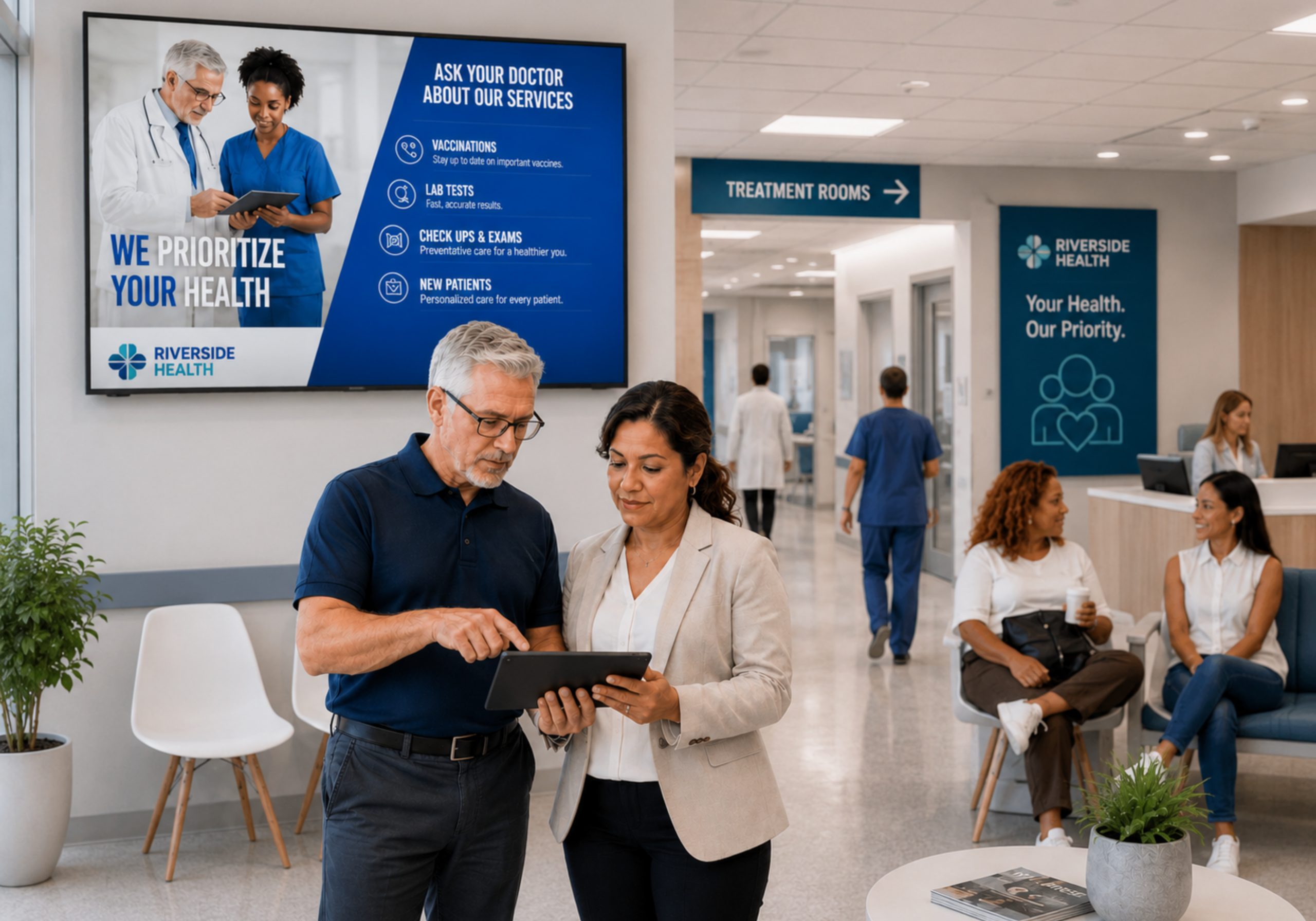"Hospital IPTV headend equipment rack distributing video across the facility"