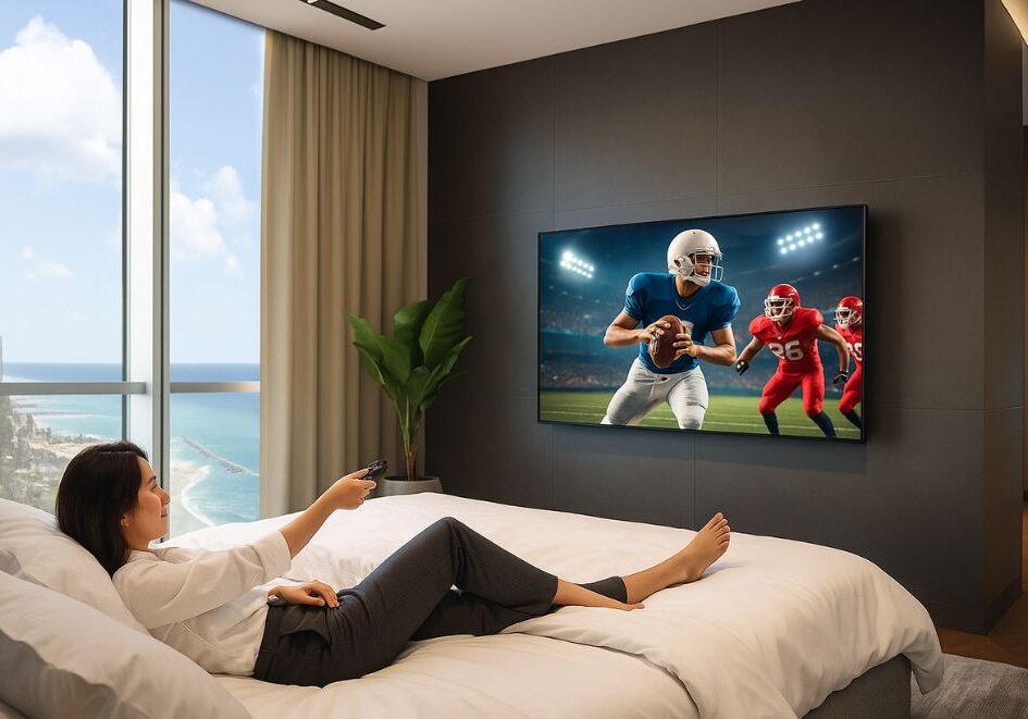 hospitality tv system Hotel guest room featuring a hospitality TV system with DIRECTV for Business streaming live sports