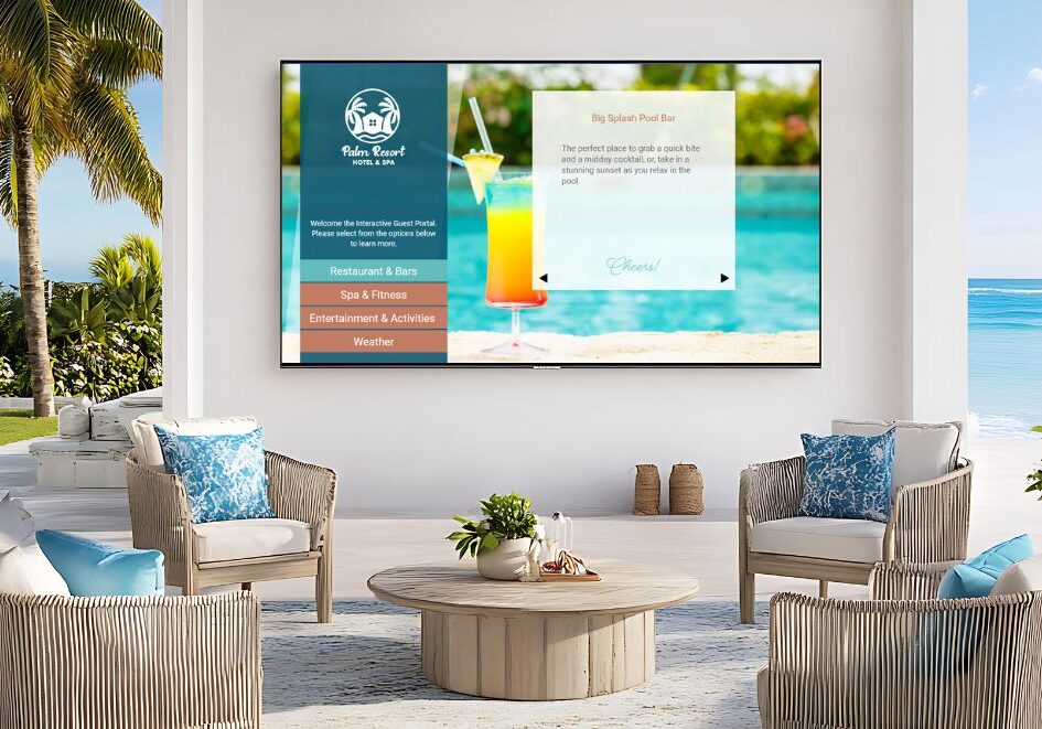 Smart TV Display Showing Welcome Screen Hospitality smart TV with custom branded welcome screen powered by hotel IPTV solution