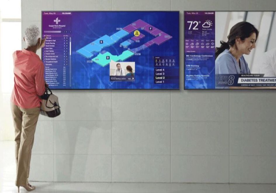 Hospital directory displayed on digital signage powered by an IPTV network, providing clear wayfinding and real-time updates for patients and visitors.