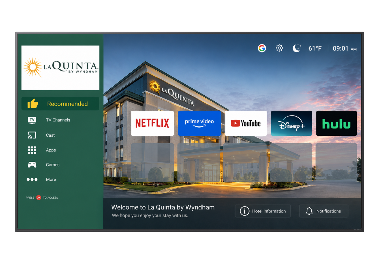 LG Hospitality TVs for La Quinta hotel guest rooms with Pro:Centric Smart platform meeting Wyndham brand standards