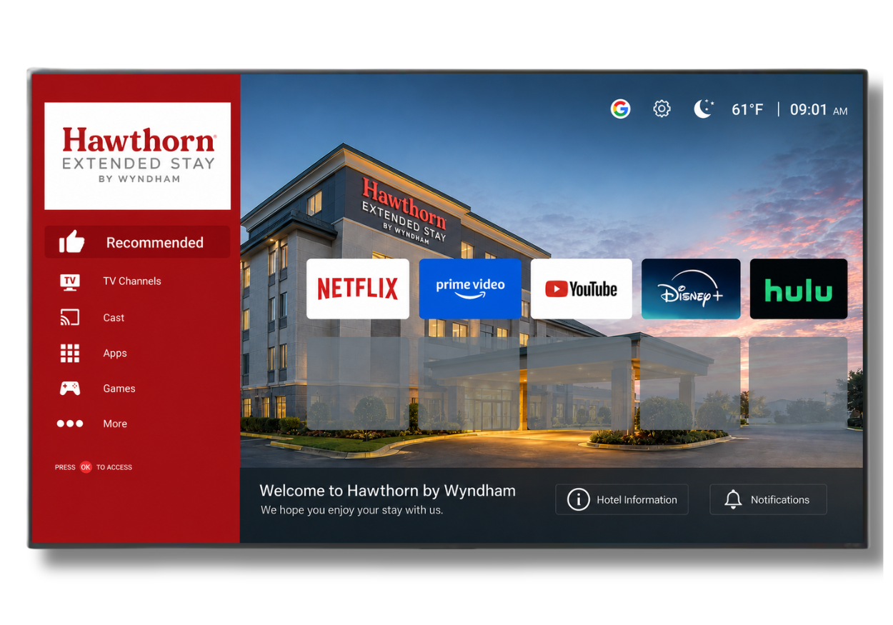 LG Hospitality TVs for Hawthorn Suites hotel guest rooms with Pro:Centric Smart platform and Wyndham hotel TV brand standards