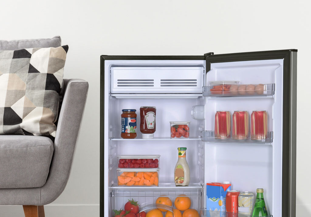 Danby® hotel mini fridge providing convenient beverage and snack storage for guests.