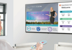 Image of a patient engaged with an LG hospital-grade smart TV connected to an IP network. The visual depicts a healthcare setting where patients benefit from advanced technology, enjoying personalized content and interactivity. The LG smart TV is seamlessly integrated into the IP network, providing a modern and connected healthcare experience for patients.